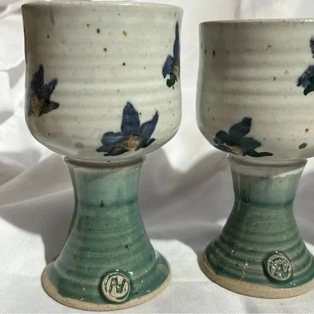 Vintage Handmade Orchid Stoneware Wine Goblet Set of 4 - Picture 3 of 7